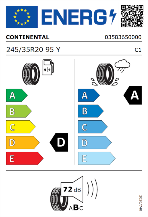 Tyre Label for Continental SportContact 6 ContiSilent 245/35R20 95Y